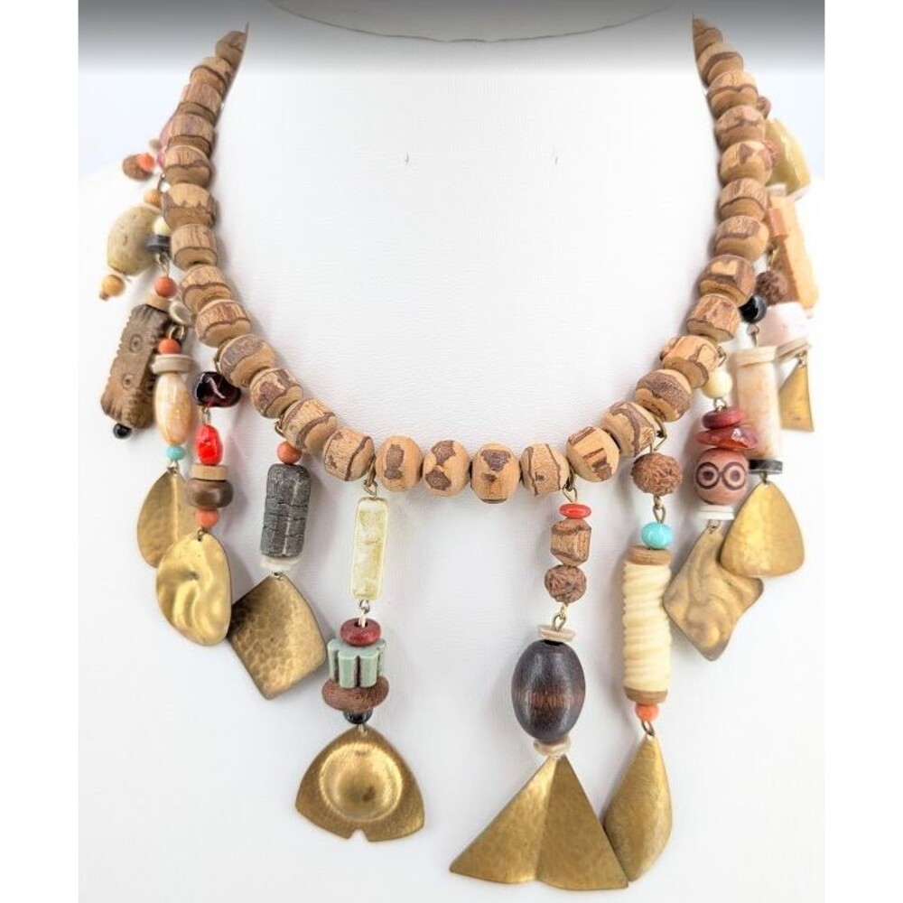 Vintage Tribal Bib Necklace Wood Brass Tone Mixed Beads Dangle Fringe 16in 63g